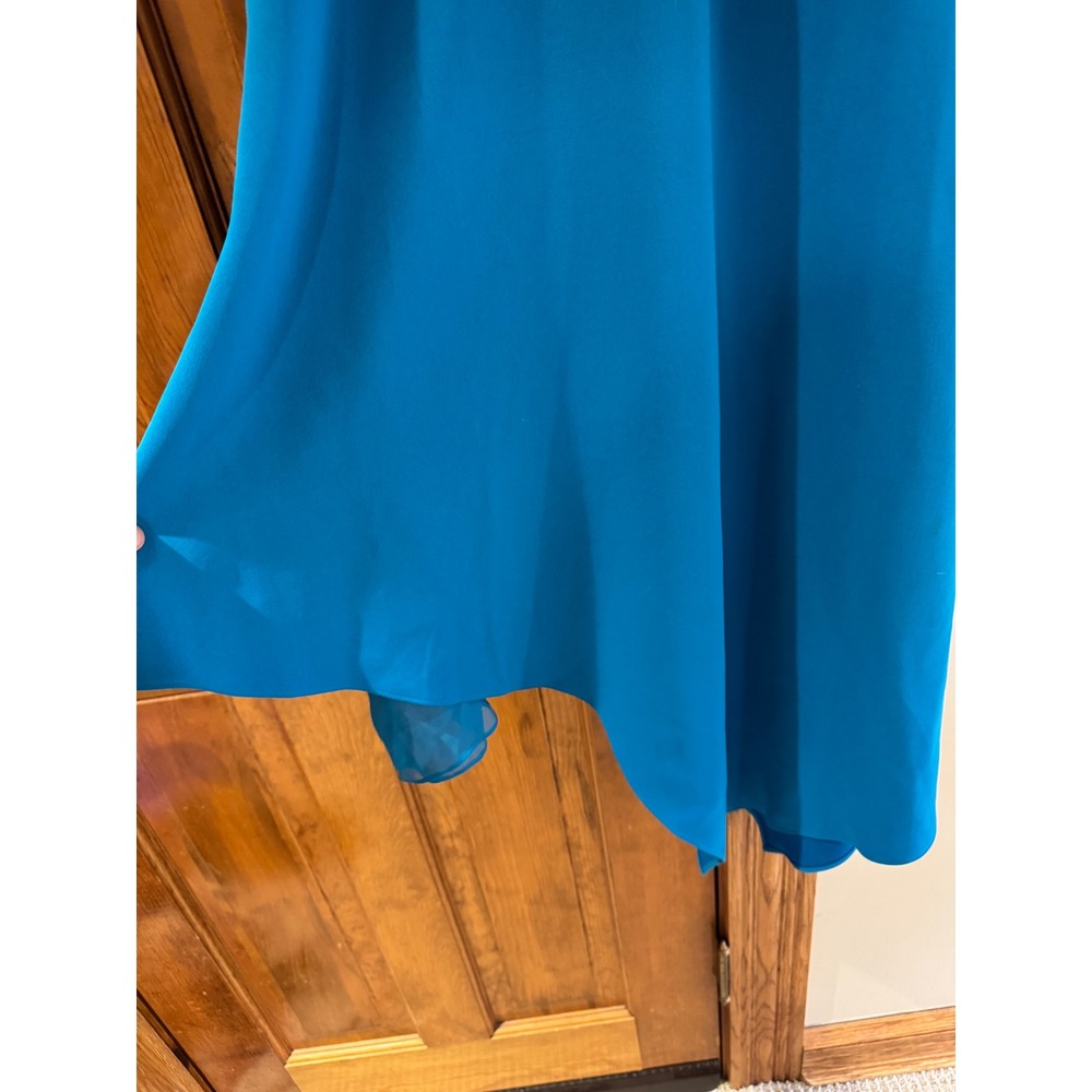 Alice + Olivia Teal Asymmetrical Midi Dress Size 6 Spaghetti Strap Fit Flare - Picture 7 of 10